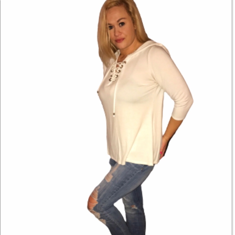 Belldini White Lace Up V Neck & hood Sweater Large